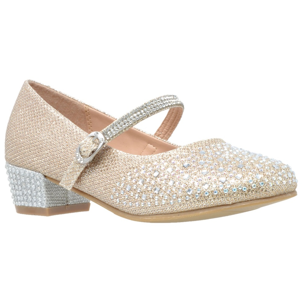 Kids Gold Glitter Rhinestone Low Heel Mary Jane